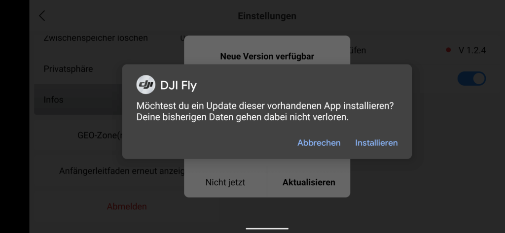 dji fly app in-app-update bestätigen