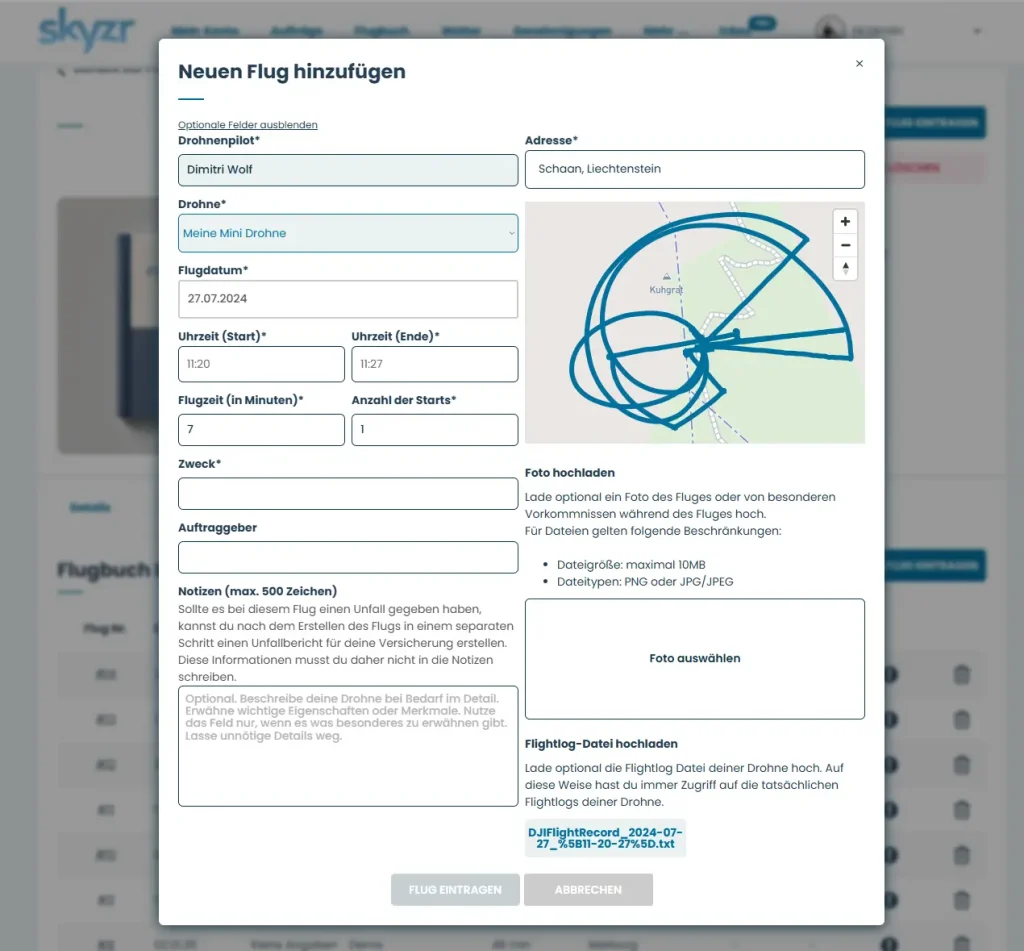dji flight log import skyzr fluglogbuch import abgeschlossen